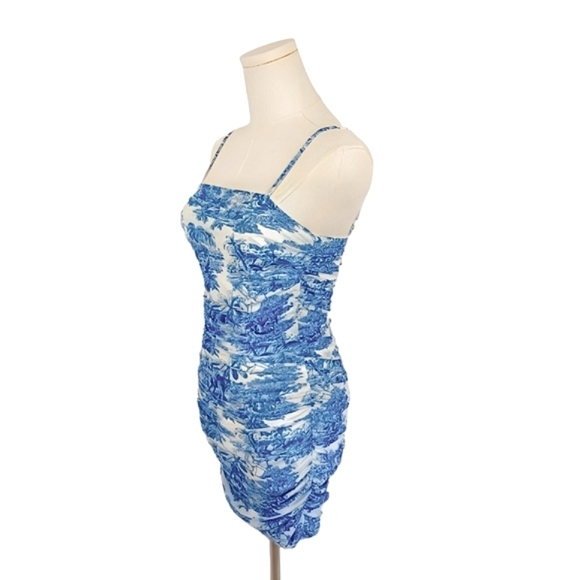 SHEIN Blue and White Toile Ruched Bodycon Mini Dress XS - Picture 2 of 6